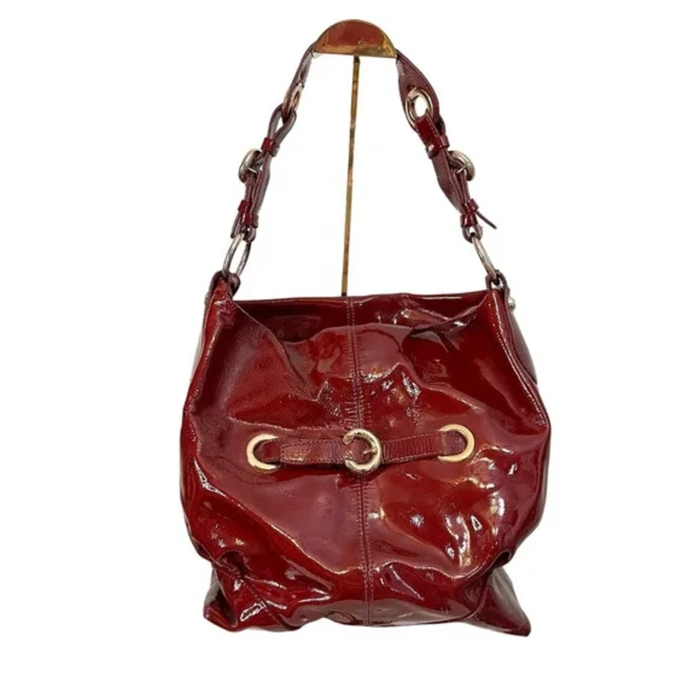 Francesco Biasia Purse Bucket Hobo Shoulder Bag Burgundy Patent Leather Buckle